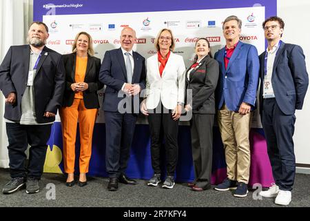 (L-R) Mark Solomeyer, Vice President and Athlete Spokesperson Special Olympics Germany; Nancy Faeser, Federal Minister of the Interior and Home Affairs of Germany; Kai Wegner, Governing Mayor of Berlin; Christiane Krajewski, President Special Olympics Germany; Renee Manfredi SO Athlete and Sargent Shriver International Global Messenger; Timothy Shriver, Chairman Special Olympics International and Sven Albrecht, CEO of the Organizing Committee for the Special Olympics World Games 2023 Berlin attend the opening press conference in Messe Berlin conference centre, Germany on June 16, 2023. The Sp Stock Photo