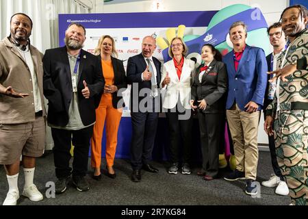 (L-R) Yosef Wolde-Mariam, Madcon; Mark Solomeyer, Vice President and Athlete Spokesperson Special Olympics Germany; Nancy Faeser, Federal Minister of the Interior and Home Affairs of Germany; Kai Wegner, Governing Mayor of Berlin; Christiane Krajewski, President Special Olympics Germany; Renee Manfredi SO Athlete and Sargent Shriver International Global Messenger; Timothy Shriver, Chairman Special Olympics International; Sven Albrecht, CEO of the Organizing Committee for the Special Olympics World Games 2023 Berlin and Tshawe Baqwa, Madcon artists, authors of Berlin 2023 Games anthem attend t Stock Photo