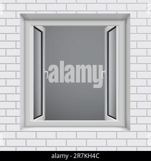 Opened plastic window in white brick wall. Vector illustration. Stock Vector