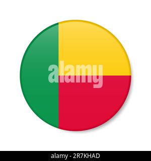 Benin circle button icon. Dahomey round badge flag with shadow. 3D realistic vector illustration isolated on white. Stock Vector