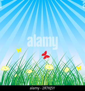 Summer - Spring Nature Background: Grass, Butterflies, Daisy Flowers Stock Vector