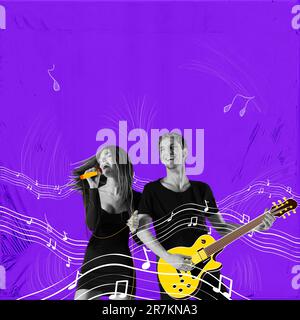 Happy, joyful young people, man and woman on live concert, singing, playing guitar. Leisure activity. Contemporary art collage. Stock Photo