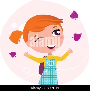 Cute Girl Going Back to School - first September school day. Vector Illustration. Stock Vector