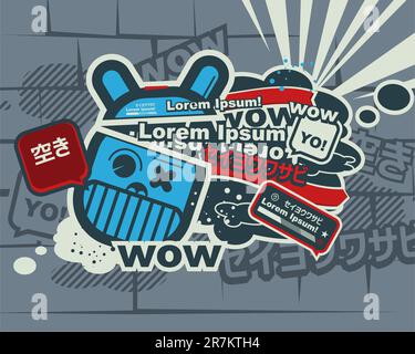 Graffiti blue character in the Japanese style. Character animal, the hare. Stock Vector