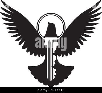 Flying dove with simple key icon, silhouette isolated on white. Stock Vector