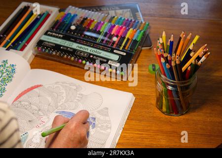 Adult Crafting - Colouring with pencils and felt tip pens Stock Photo