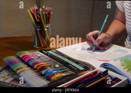 Adult Crafting - Colouring with pencils and felt tip pens Stock Photo