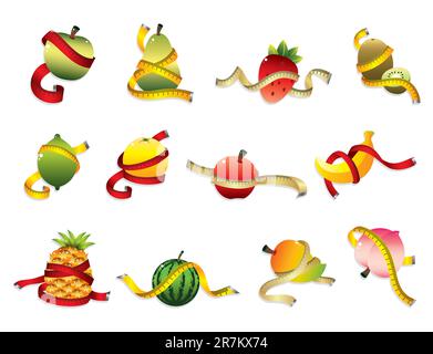 set of fresh fruit and ruler health icon Stock Vector