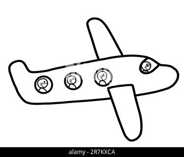 An airplane with a group of passengers wearing medical protective face mask flying on vacation holiday. Illustration black and white outline drawing, Stock Photo