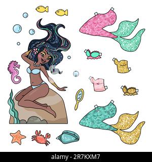 African American Cut Out Doll Mermaid Girl Illustration, Paper Doll Black Siren with Clothes, Little mermaid girl Stock Photo