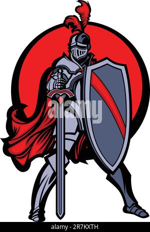 Standing Medieval Knight Mascot Wearing Armor and Holding a Shield and Sword Stock Vector