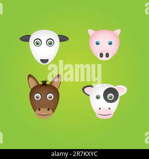 4 farmyard animal heads - Sheep, Pig, Horse, Cow. Stock Vector