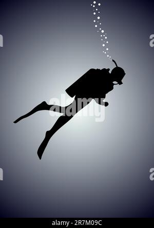 Diver in gear to dive into the water against the background of the light spot Stock Vector