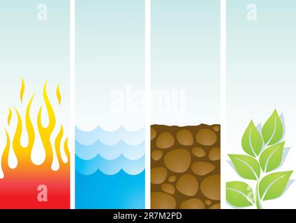 Four illustrations of the elements fire, water, soil and plants Stock Vector