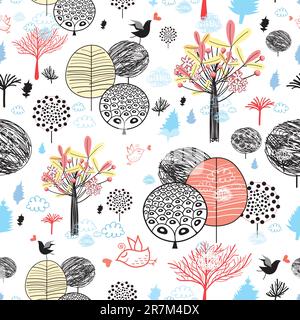seamless pattern from autumn trees and birds on white Stock Vector