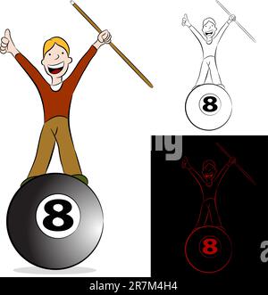 An image of a billiard player standing on the eight ball holding a cue stick. Stock Vector