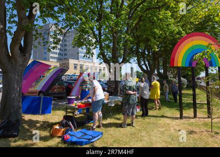Southend-on-Sea, Essex. Britain. 16/ 06/2023. Southend Unison members stand outside NHS Southend University Hospital, hosting a stall in full support for LGBT,  promoting anti-discrimination, equality and diversity in society and the workplace. Helen Cowles / Alamy Live News . Stock Photo