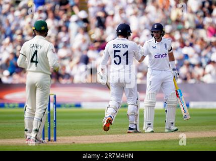 England's Jonny Bairstow (centre) congratulated by team-mate Joe Root as he reaches his half-century on day one of the first Ashes test match at Edgbaston, Birmingham. Picture date: Friday June 16, 2023. Stock Photo