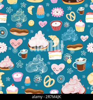 seamless pattern of sweet desserts on a blue background with flowers Stock Vector