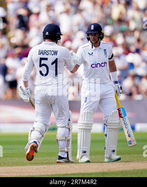 England's Jonny Bairstow (left) congratulated by team-mate Joe Root as he reaches his half-century on day one of the first Ashes test match at Edgbaston, Birmingham. Picture date: Friday June 16, 2023. Stock Photo