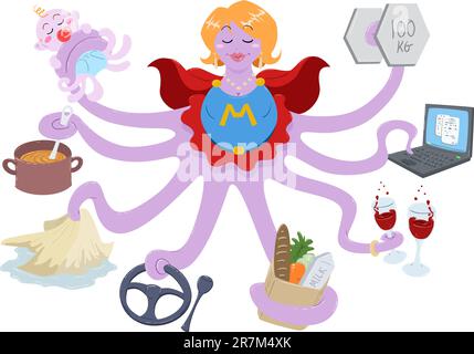 A Vector Illustration of an octopus mother dressed as a superhero and doing actions such as lifting weights, working on a laptop, having drinks, sh... Stock Vector