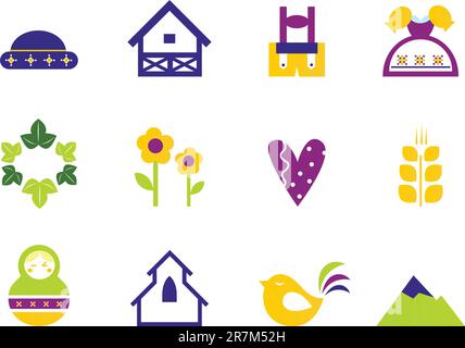 Vector collection of traditional icons and vilage motives. Vector set in fresh vibrant tones isolated on white. Stock Vector