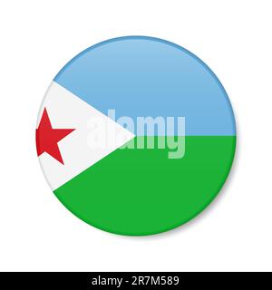 Djibouti circle button icon. Djiboutian round badge flag with shadow. 3D realistic vector illustration isolated on white. Stock Vector