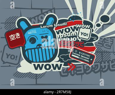 Graffiti blue character in the Japanese style. Character animal, the hare. Stock Vector