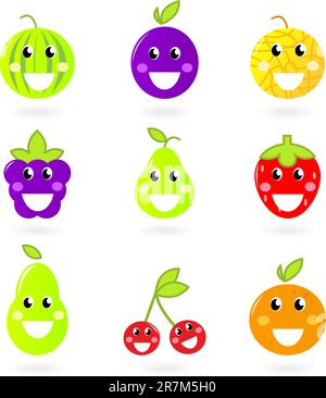 Vector collection of happy crazy fruit characters isolated on white. Stock Vector