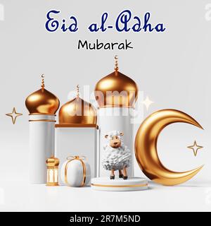 Eid al-Adha greeting card Islamic mosque sheep sacrifice crescent gift podium. Feast of Sacrifice Muslim religious holiday festival Ramadan. Lantern l Stock Photo