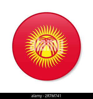 Kyrgyzstan circle button icon. Kyrgyz round badge flag with shadow. 3D realistic vector illustration isolated on white. Stock Vector