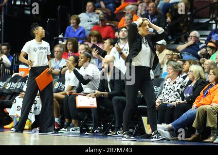 UNCASVILLE, CT - JUNE 15: Atlanta Dream forward Nia Coffey (12) in action  during the WNBA game between Atlanta Dream and Connecticut Sun on June 15,  2022, at Mohegan Sun Arena in