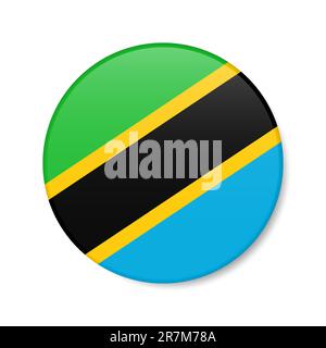 Tanzania circle button icon. Tanzanian round badge flag with shadow. 3D realistic vector illustration isolated on white. Stock Vector