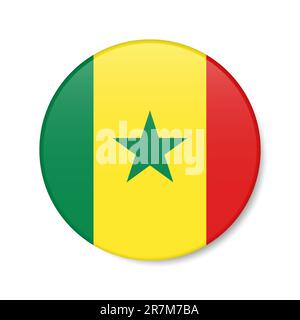 Senegal circle button icon. Senegalese round badge flag with shadow. 3D realistic vector illustration isolated on white. Stock Vector