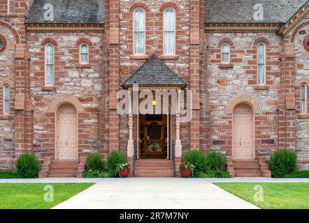 Church of Jesus Christ of latter day saints, Mormon Bear Lake Stake Tabernacle facade, Paris, Idaho, USA. Stock Photo