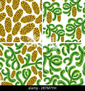 Spruce seamless patterns set. Spruce branches and cones vector backgrounds collection. Stock Vector