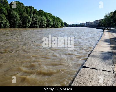 The river Po in Turin photographed by the Murazzi. On the hill the church of Santa Maria dei Capuccini. In the background the Napoleon stone bridge Vi Stock Photo