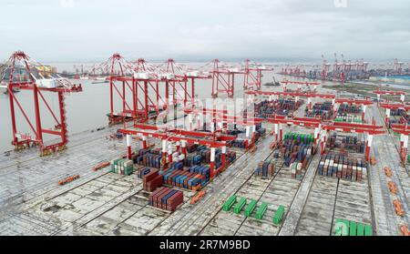 Guangzhou. 16th June, 2022. This aerial photo taken on June 16, 2022 shows the fully-automated pier at the Nansha port in Guangzhou, south China's Guangdong Province. Guangzhou has a history of more than 2,000 years. The city has been a place of cultural integration between Chinese and foreign cultures since ancient times. It has manifested the openness and inclusiveness involved with Chinese culture. Credit: Lu Hanxin/Xinhua/Alamy Live News Stock Photo