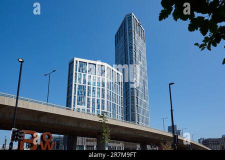 The new Sky View Tower apartment building and flyover at Bromley-by-Bow, East London UK Stock Photo