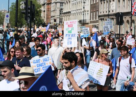 London, UK. 16 June 2023. Junior Doctors from the British Medical Association (BMA) during the strike marched from Tavistock Square to Parliament Square for the rally. Junior Doctors across England are on strike over pay and conditions and demanding a pay rise. Credit: Waldemar Sikora/Alamy Live News Stock Photo
