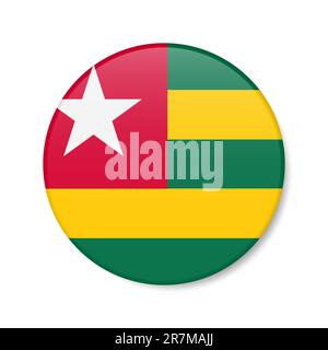 Togo circle button icon. Togolese Republic round badge flag with shadow. 3D realistic vector illustration isolated on white. Stock Vector