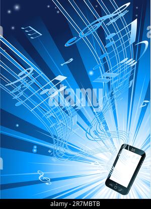 Blue mobile phone music background with musical notes streaming out of smart phone Stock Vector