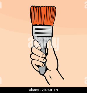 Paint brush in hand use tool arm icon white color vector illustration ...