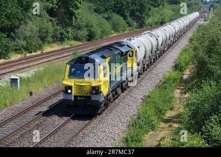 Freightliner Class 70 Diesel Electric 70001 Powerhaul passing North Stafford Junction on 16 June 2023 with loaded tank wagons Stock Photo