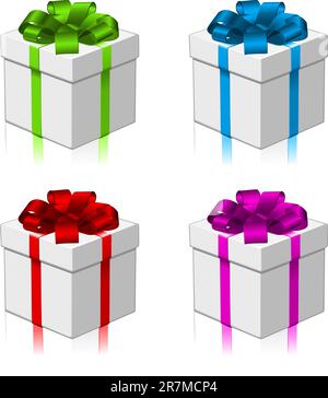 Gift in four different colour variations. Red, green, blue, and purple. Stock Vector