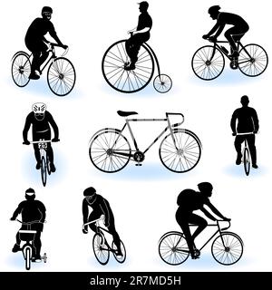 A collection of 9 different bicycling silhouettes over white background. Stock Vector