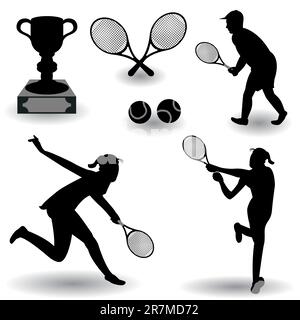 A collection of different tennis related silhouettes isolated on white background. Stock Vector