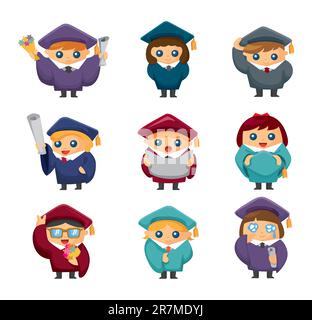 Cartoon Graduate students icons set Stock Vector