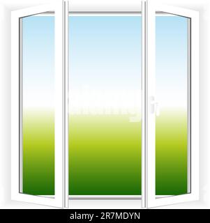 Vector picture of open window. View on grass and sky Stock Vector