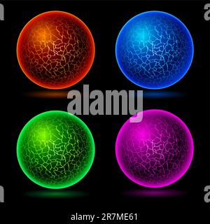 A set of cracked balls. Illustration on black background Stock Vector